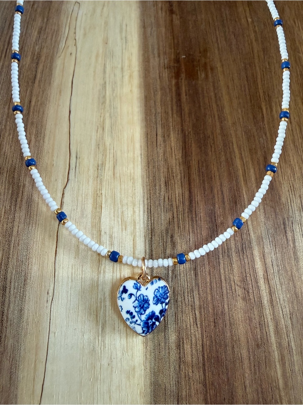 White & Blue Heart Pendant Beaded Necklace - Women's Jewelry